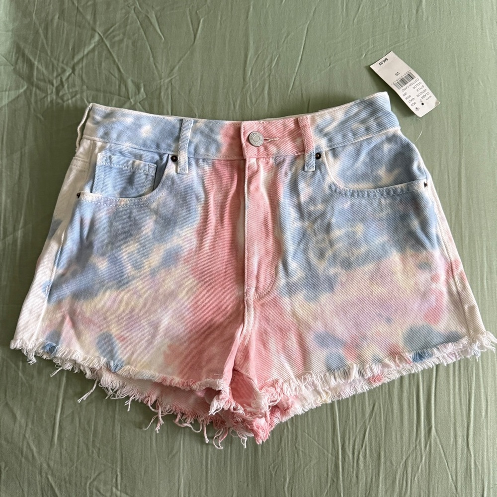 PacSun Tie Dye High Rise Festival Women's Shorts Blue Pink White Cutoff Hem